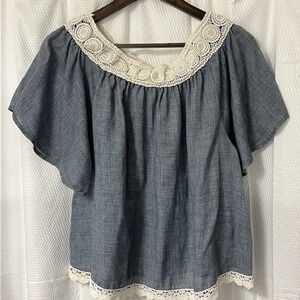 Flying Tomato Denim Boho SS Off Shoulder Denim Crochet Top Small P2 Retro EC